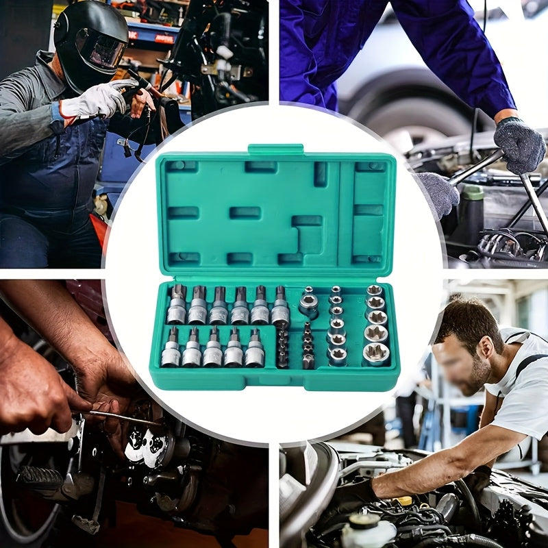 Set of 34 Torx Bit Sockets And E-Torx Sockets for 1/4", 3/8", And 1/2" Drives, Including Both Male And Female E-Torx Security Bits, Designed for Handheld Use
