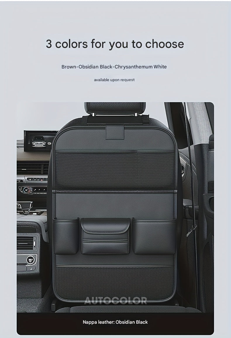 QIANKUNBAG PU Leather Car Backseat Organizer with Foldable Table Tray, Black Grey Green Car Storage Organizer with Tablet Holder, Car Seat Back Protectors Kick Mats Travel Accessories