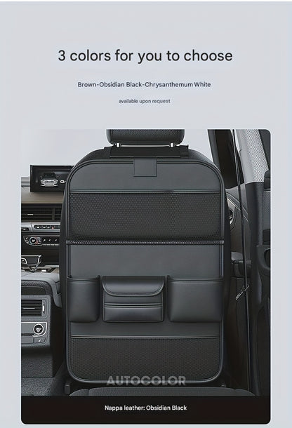 QIANKUNBAG PU Leather Car Backseat Organizer with Foldable Table Tray, Black Grey Green Car Storage Organizer with Tablet Holder, Car Seat Back Protectors Kick Mats Travel Accessories