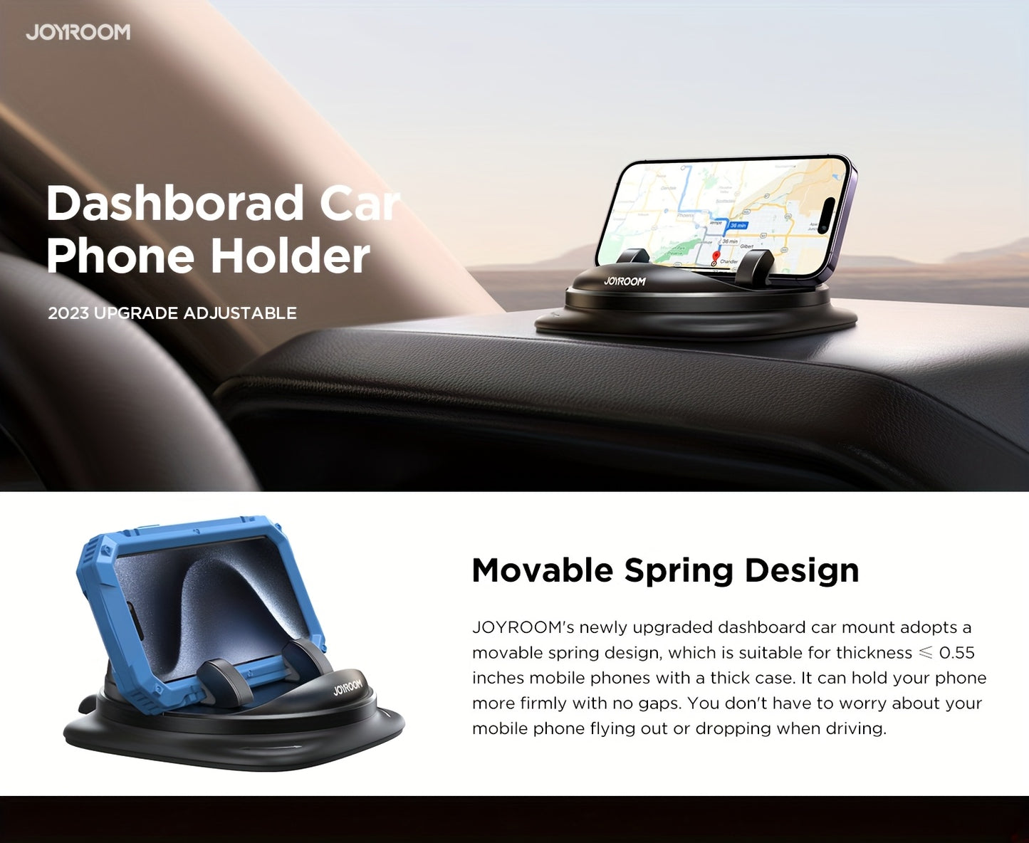 JOYROOM  Phone Holder Mount - Rotatable Dash-Mounted Holders, Non-Slip, ABS,, Heat , Spring-Loaded Grip for iPhone,  & Smartphones