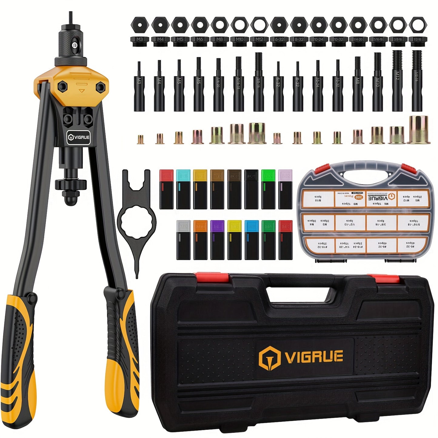 VIGRUE 16-Inch Rivet Nut Tool Kit Includes a Hand Tool Set with 15 Metric And Inch Mandrels Ranging from M3 to M12 And 6-32 to 1/2-13, Along with a Selection of 300 Metric And SAE Rivet Nuts