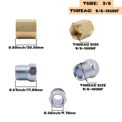 Brake Line Fittings Assortment – 3/16" 1/4" 5/16" 3/8" Tube, Inverted Flare Union Connectors, Multiple Thread Sizes with Hose Clamps