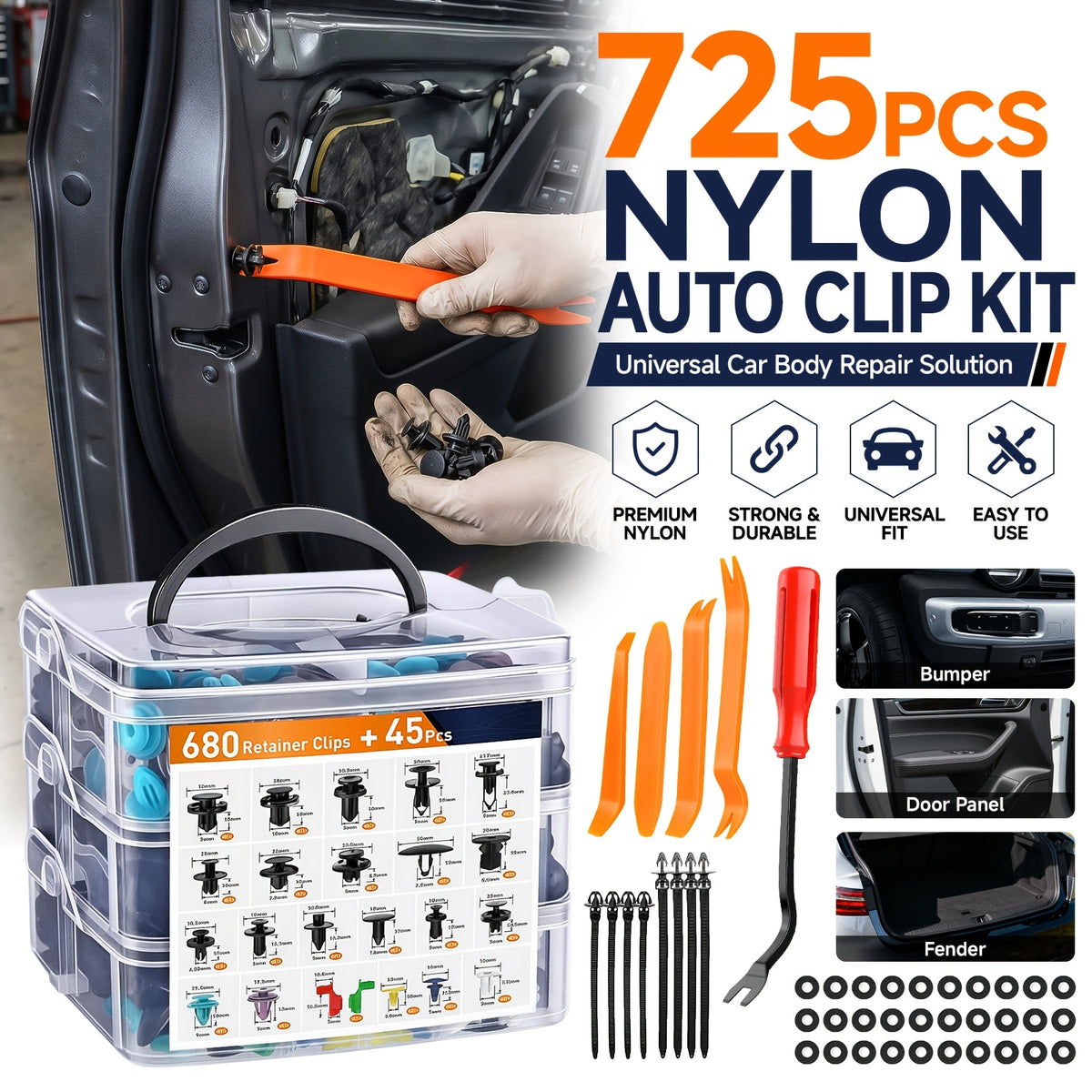 Automotive Fastener Clip Kit 680 Rivets 45-Piece Tool Set 23 Types Car Bumper Fender Trim Clips Universal Fit Ford GM Toyota Honda BMW Nissan