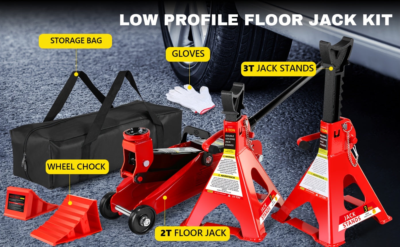 2/2.5/3 Ton Capacity, Jack Kit Low Profile Hydraulic Trolley Service/Floor Jack Combo, Multiple Meal Plans to Choose from 3 Ton Jack Stands 2PCS, Tire Repair Kit, 14-inch Wheel Cross Wrench, Wheel Chock, Jack Accessories Red/Blue