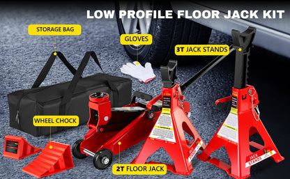 2/2.5/3 Ton Capacity, Jack Kit Low Profile Hydraulic Trolley Service/Floor Jack Combo, Multiple Meal Plans to Choose from 3 Ton Jack Stands 2PCS, Tire Repair Kit, 14-inch Wheel Cross Wrench, Wheel Chock, Jack Accessories Red/Blue