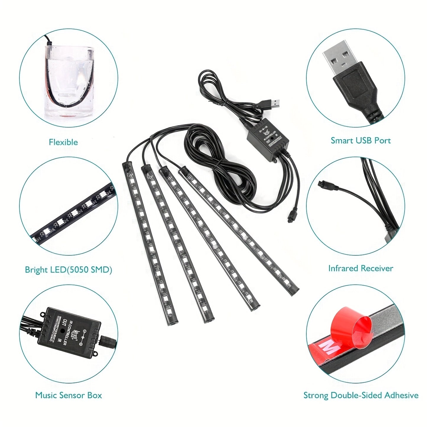 [RGB Decorative Lights] USB DC 5V 48Leds Car Interior Lighting Flexible Neon LED Ambient Light Backlight Music Control RGB Decorative Atmosphere Lights, Without Battery