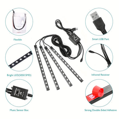 [RGB Decorative Lights] USB DC 5V 48Leds Car Interior Lighting Flexible Neon LED Ambient Light Backlight Music Control RGB Decorative Atmosphere Lights, Without Battery