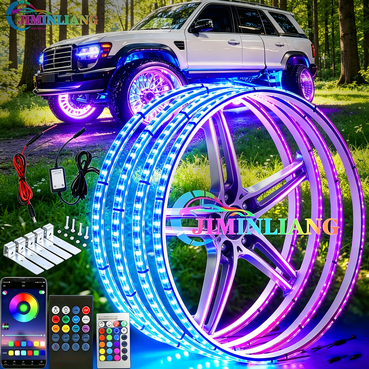 LED Wheel Ring Lights with Remote Control – 7-Color Flashing Modes, Car Rim Light Kit for Truck SUV Pickup Offroad Vehicle, USB LED Strip Option