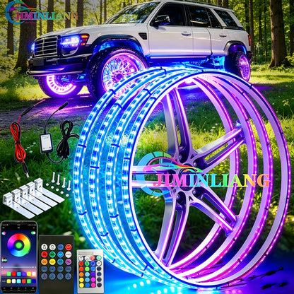 LED Wheel Ring Lights with Remote Control – 7-Color Flashing Modes, Car Rim Light Kit for Truck SUV Pickup Offroad Vehicle, USB LED Strip Option