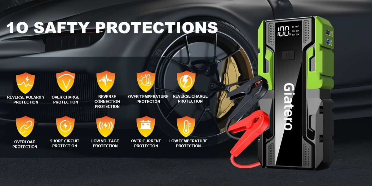 Portable Car Emergency Starter Power Supply, Equipped with an Air Compressor Tire Inflator, Suitable for Up to 3.7gal Gasoline Engines And 3.17gal Diesel Engines, And Specifically Designed for 12V Trucks And Cars As an Emergency Starter Power Supply