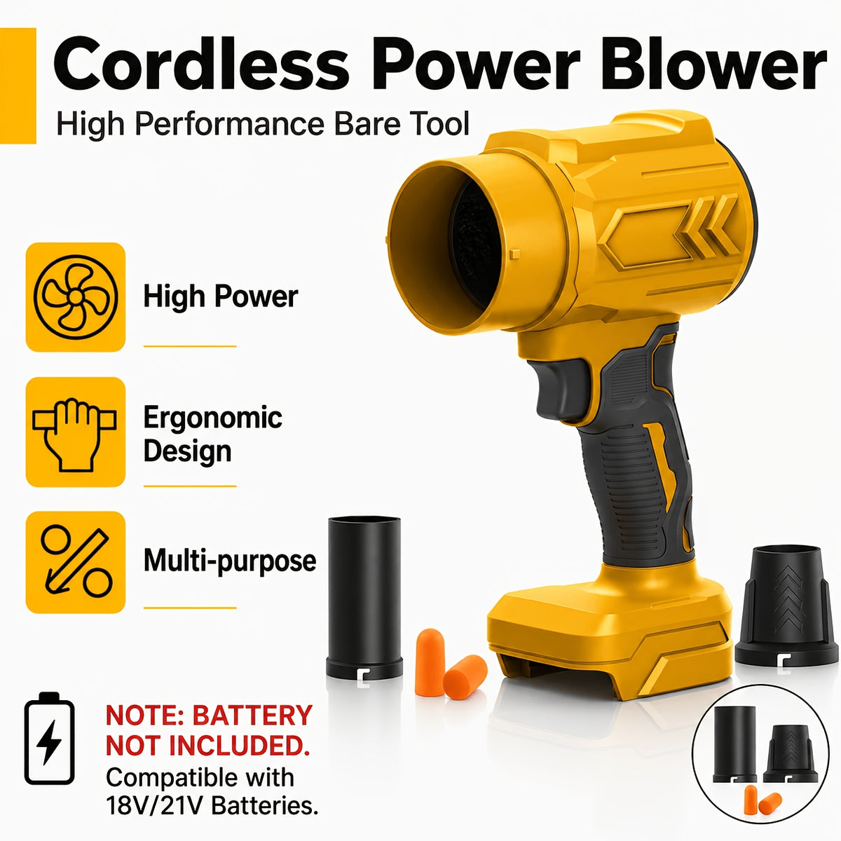 Cordless Handheld Leaf Blower 45000RPM Turbo – 2 Batteries & Charger Included, Air Duster & Car Dryer Blower for Small Spaces, Dual Air Duct Attachments