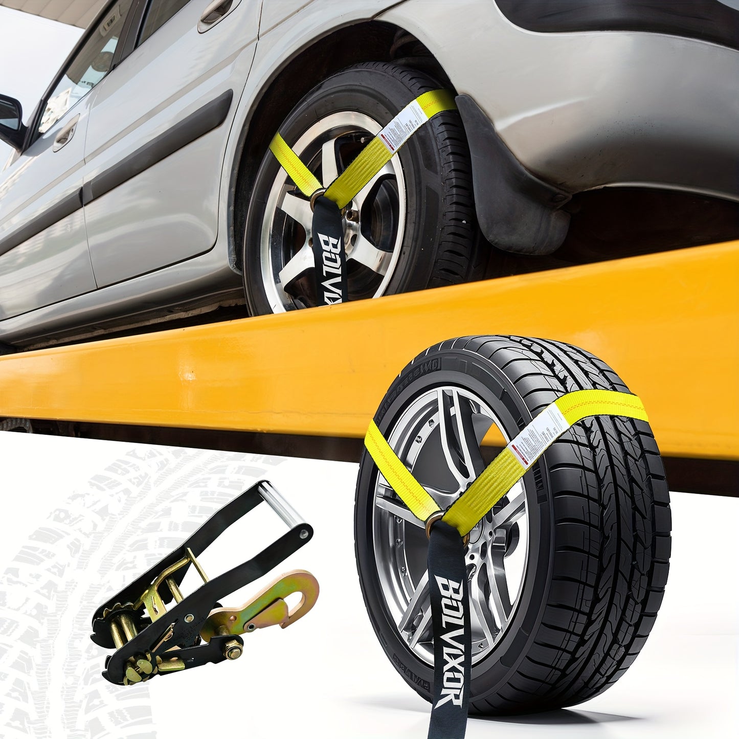 4pcs Heavy-Duty Trailer Tie Down Straps with Ratchet System & Snap Hooks - 9900LB Break Strength, 2"x96" Adjustable Wheel Straps with -Slip Design & Yellow Buckles - Fit for UTV, SUV, Truck, Cars, Trailers - All-Terrain Vehicle Transport (Steel/Poly