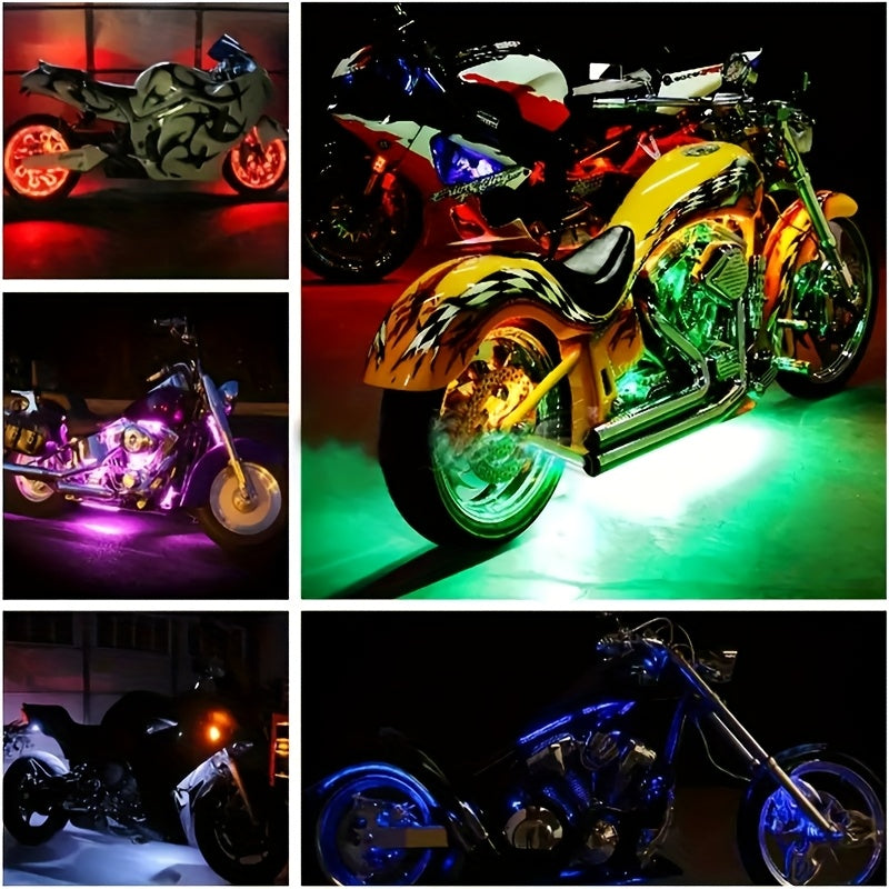 The RGB Motorcycle Light Strip Features Six Installation Points, Operates on 12V, And Includes a Mobile App And Sound Effects, Making It a 6-In-1 Decorative Atmosphere Light for Motorcycles, Without Battery