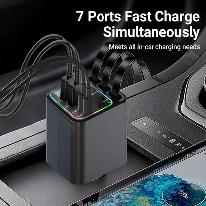 7-in-1 Car Fast Charging Mobile Phone Charger | Upgraded Color Light, 3 Extendable Cables, Fast Charging Interface, 180° Free Adjustment Angle, LED Intelligent Digital Display Screen, USB Connector, Universally Applicable, Without Battery
