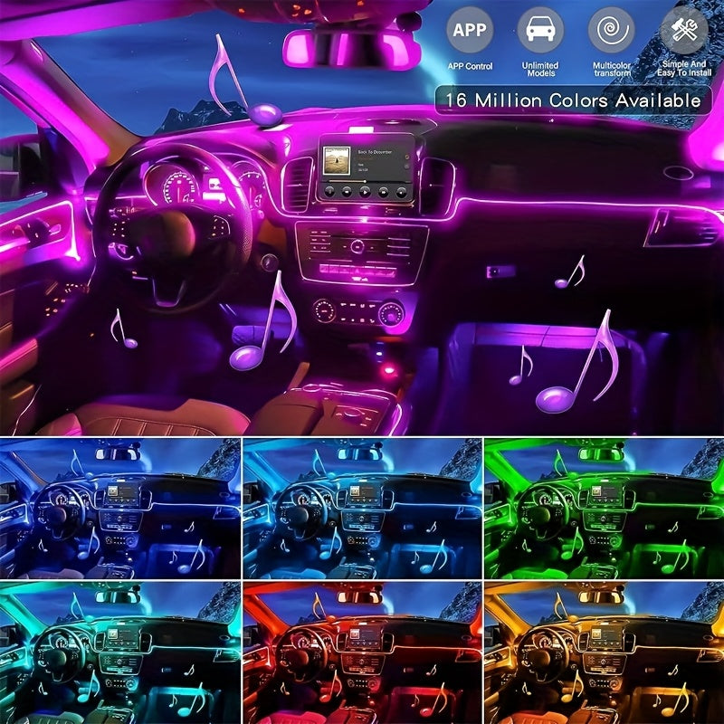 Car Interior Ambient Lighting Kit 3M RGB 7-Color LED Strip App & Remote Control Music Sync for Doors Console Dashboard Decoration
