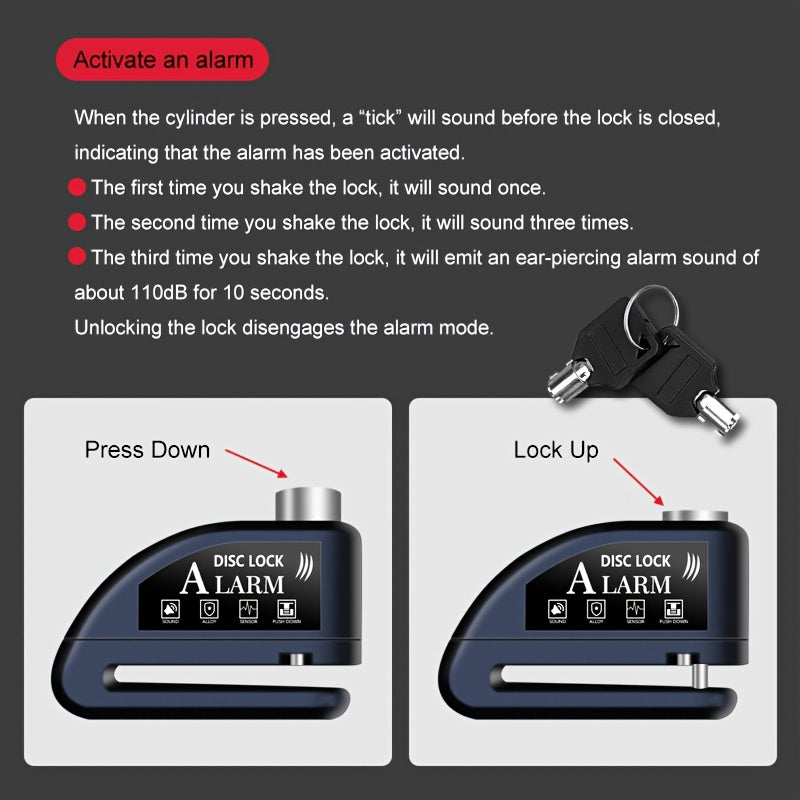 Motorbike Security Lock with Disc Brake Alarm System, 110Db Sound, 500Mah Rechargeable Battery, Includes USB Charging Cable And Reminder Rope