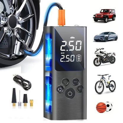 Portable Cordless Tire Inflator with Digital Gauge & LED Light – USB Rechargeable Fast Air Compressor for Car, Bike, Motorcycle & Sports Equipment