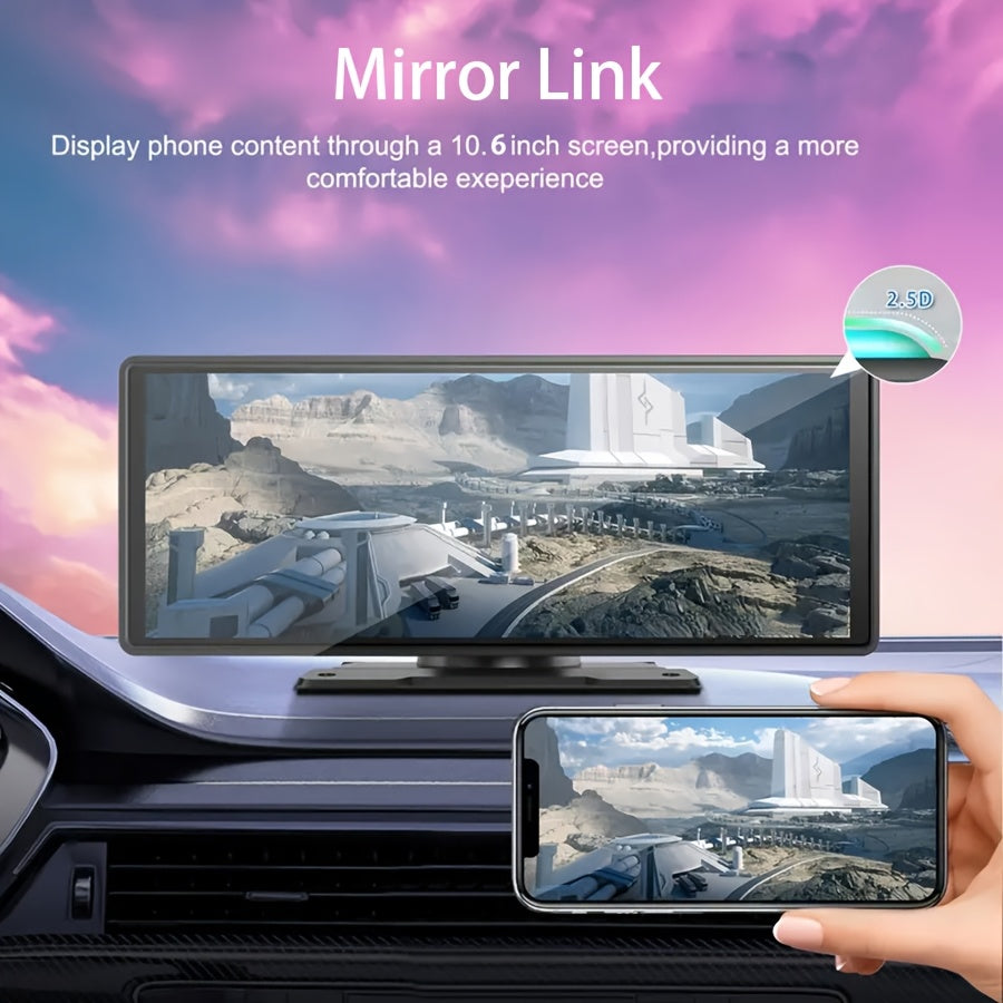 Introducing The Latest 10.26-Inch Wireless Car Display, Equipped with Integrated Car Audio, a Touchscreen Interface, a 720P HD Backup Camera, a Dashcam, Wireless Connectivity, GPS Navigation
