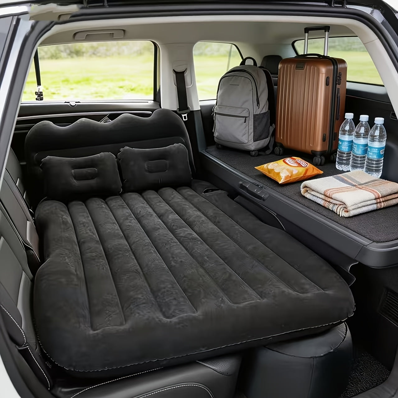 Luxury Premium Black And Stylish Beige Car Inflatable Mattress, Portable And Foldable, with PVC Flocking, Including Storage Bag, Air Pump And Two Pillows, Two Piers, Perfect for RVs, Trucks, And Foldable Beds In The Back Seat Of The Car Seat