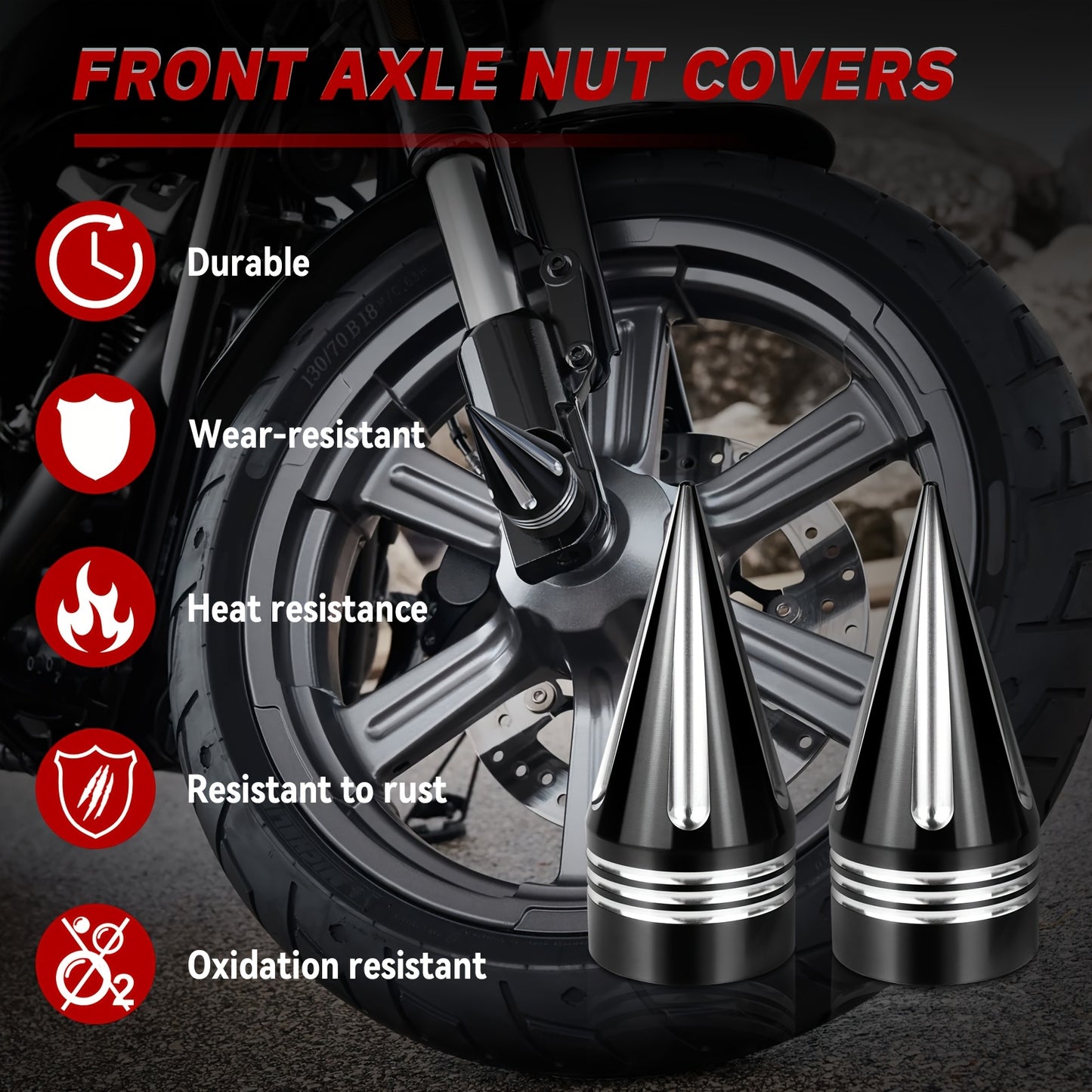 Motorcycle Front Axle Nut Covers CNC Spike Caps 3.6" – Fits Harley Touring Street Glide Road King Electra Glide Tri Glide 2008+, Black & Silver, Pair