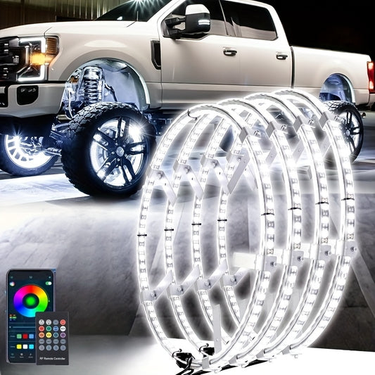 [Remote Control LED Lights] 4pcs Car Wheel Lights, Remote Control With Flashing Modes, LED Wheel Ring Lights For Trucks Cars SUV Pickup Vehicles Offroad, Equipped With Seven-Color Dazzling Light Function, Car Rim Light, Without Battery