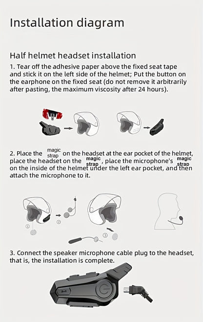 The Wireless Intercom Headset for Motorcycle Helmets Supports Real-Time Communication for Two People And Is, Compatible with Full-Face, Three-Quarter, And Open-Face Helmets.