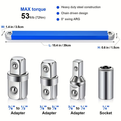 Offset Extension Wrench - 15-Inch Impact-Ready Socket Wrench Tool with Square Drive Adapters (1/4", 3/8", 1/2")