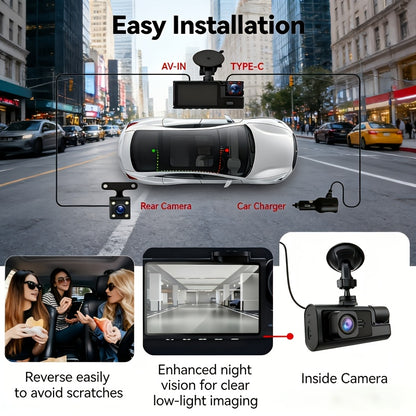 1080P Triple Camera Dash Cam, Car Camera with IR Night Vision, 170° Wide Angle Car DVR Camera, 16GB/32GB TF Card Optional, Loop Recording, G-Sensor | 2-Inch IPS Screen Dual Lens Car Dashboard Video Cam, 24H Parking Mode, Christmas Gift