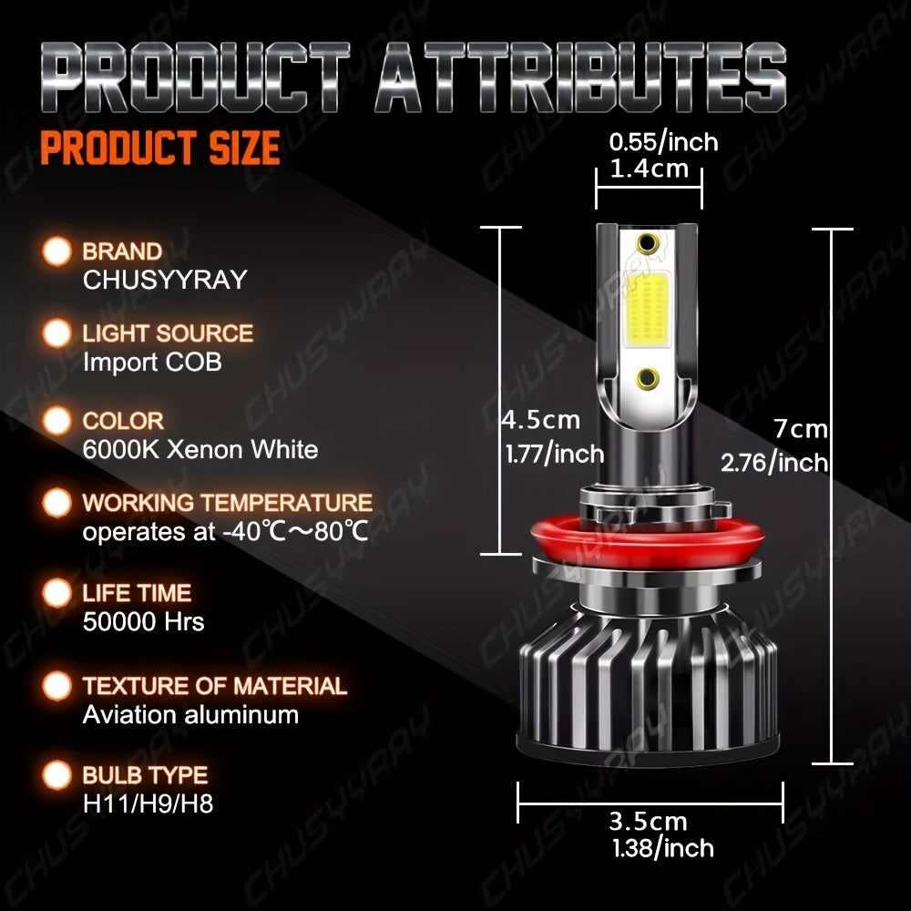 2pcs 9008/ H13 LED Headlight High/ Low Beam Bulbs Kit 12V 80W 6000K Cool White 27000LM Tow-Sided Ultra Bright COB Chip Plug And Play, Without Battery