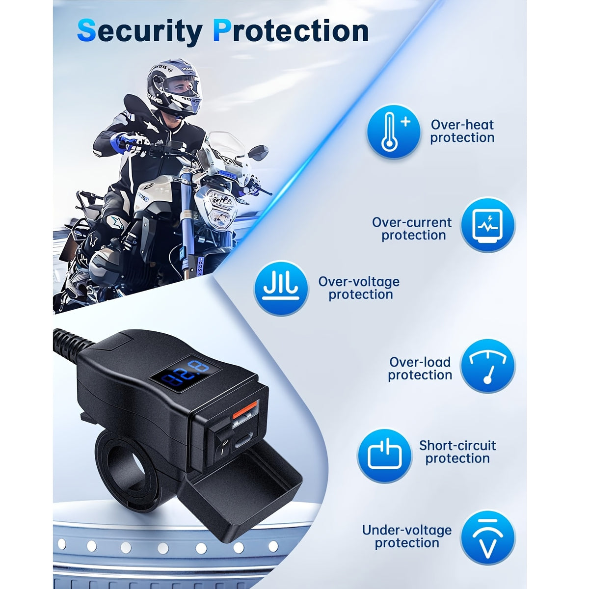 Motorcycle USB Charger Dual Port USB-C PD 20W + QC 3.0 18W Fast Charging with LED Voltmeter ON/OFF Switch SAE Connector 12-24V for Phone Tablet GPS
