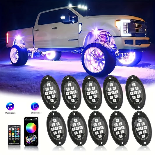 10pcs Upgraded RGB LED Rock Light Kit, Multicolor Underglow Kit For With APP Remote Control Music Mode, for Jeep UTV ATV SUV Accessory, Without Battery