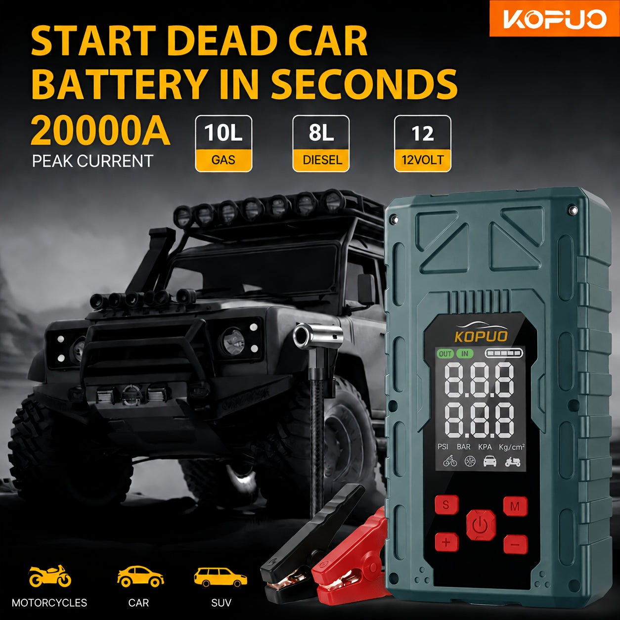 6000-20000A Peak Single Jump Starter Or 12V Portable Car Jump Starter with Air Compressor, Jump Starter Battery Pack with 150PSI Tire Inflator, 7-in-1 Multi-functional Battery Booster Power Bank with LED Light, Car Battery Charger, Roadside Assistanc