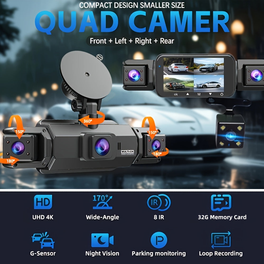 FOXGOD Dash Cam for Cars, 3/4-Channel 4K+1080P HD Ultimate Safety Driving Recorder Set, Front 4K or So Rear 1080P, Super Night Vision, WDR, G Sensor, Circular Video, Optional Memory Card and Lens - Safe Driving Black Box