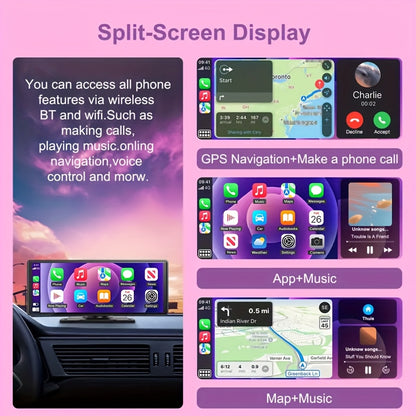 Introducing The Latest 10.26-Inch Wireless Car Display, Equipped with Integrated Car Audio, a Touchscreen Interface, a 720P HD Backup Camera, a Dashcam, Wireless Connectivity, GPS Navigation