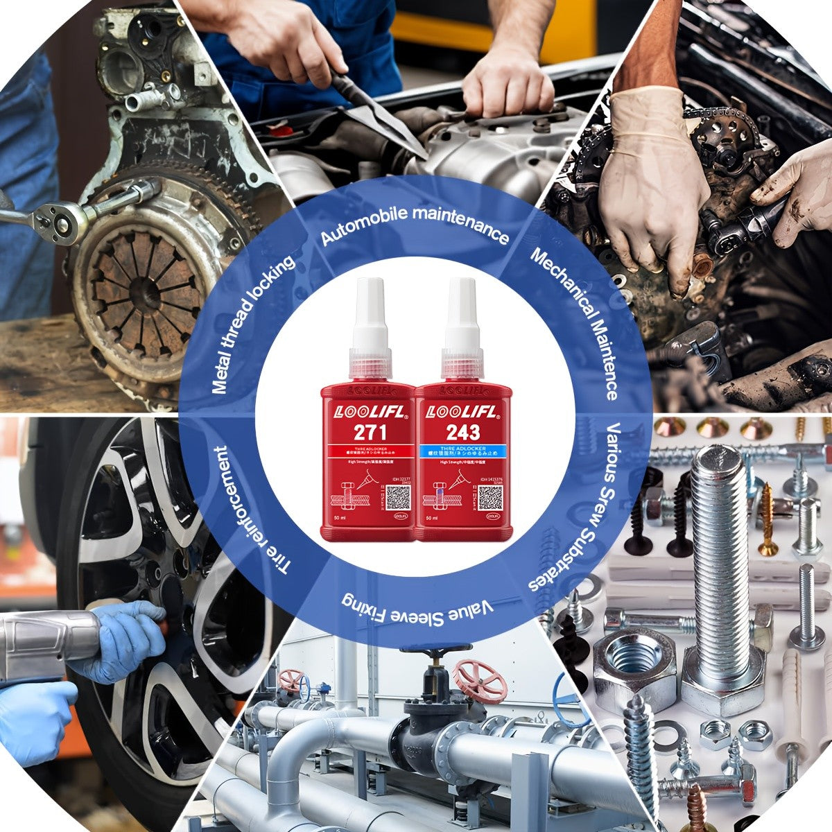 High-Strength Heat-Resistant 234-271 Threadlocker, 243 Medium-Strength Anaerobic Threadlocker, 271 High-Strength Anaerobic Threadlocker, Anti-Loosening Sealant, Permanent Locking and Sealing Multi-Purpose Adhesive for Metal Parts, Quick-Fix Removable