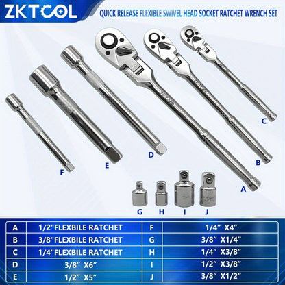 10pcs Flex Head Ratchet Set, 1/ 4", 3/ 8", 1/ 2" Drive, Swivel Head Ratchet Wrench with Extension Bar