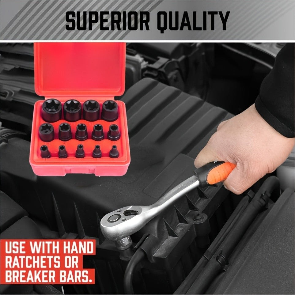 14pcs Female E-Torx Star Socket Set/Rail, 1/4" 3/8" 1/2" Drive, E24 External Torque Socket Set, Ultimate Star Socket Set, Torque Socket Set, External Plum Blossom Socket Set
