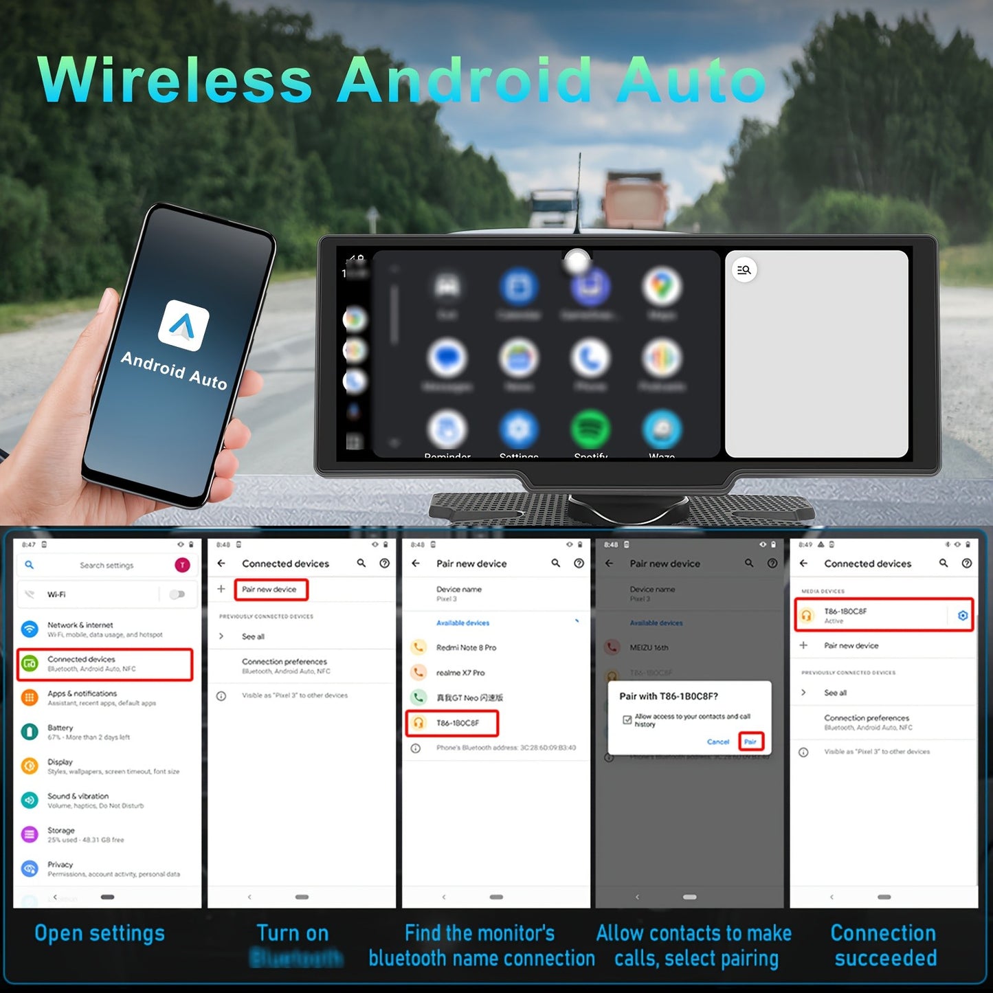 Podofo 10.26” Android Auto & CarPlay Wireless Portable Car Stereo with Touchscreen, Wireless/, Voice Control, FM Transmitter, Compatible for Smartphones, Navigation, Handsfree Calling, AUX Receiver for Vehicles