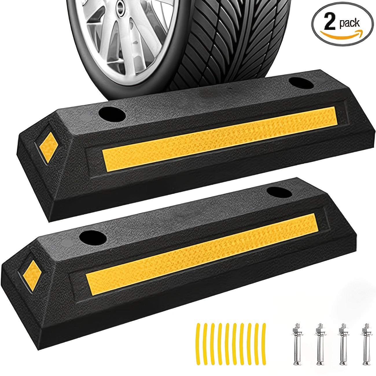 Heavy Duty Rubber Parking Guide - Premium Quality Durable Car Garage Wheel Stopper Professional Grade Park with Reflective Yellow Tape Curb