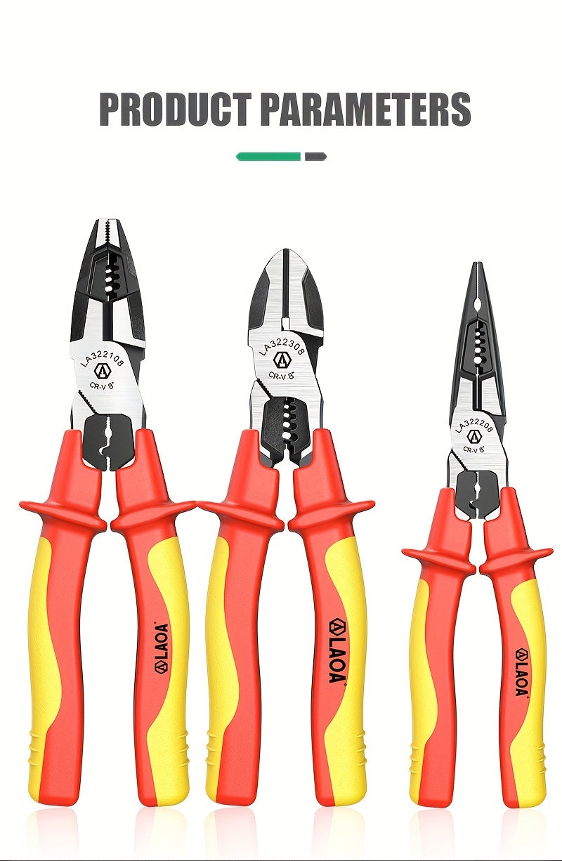 LAOA Insulated Needle-Nose Pliers/Wire Cutters/Diagonal Pliers, Multifunctional Electrician'S Manual Tool That Combines Cutting, Gripping, Twisting Screws, And Crimping Terminals All in One.