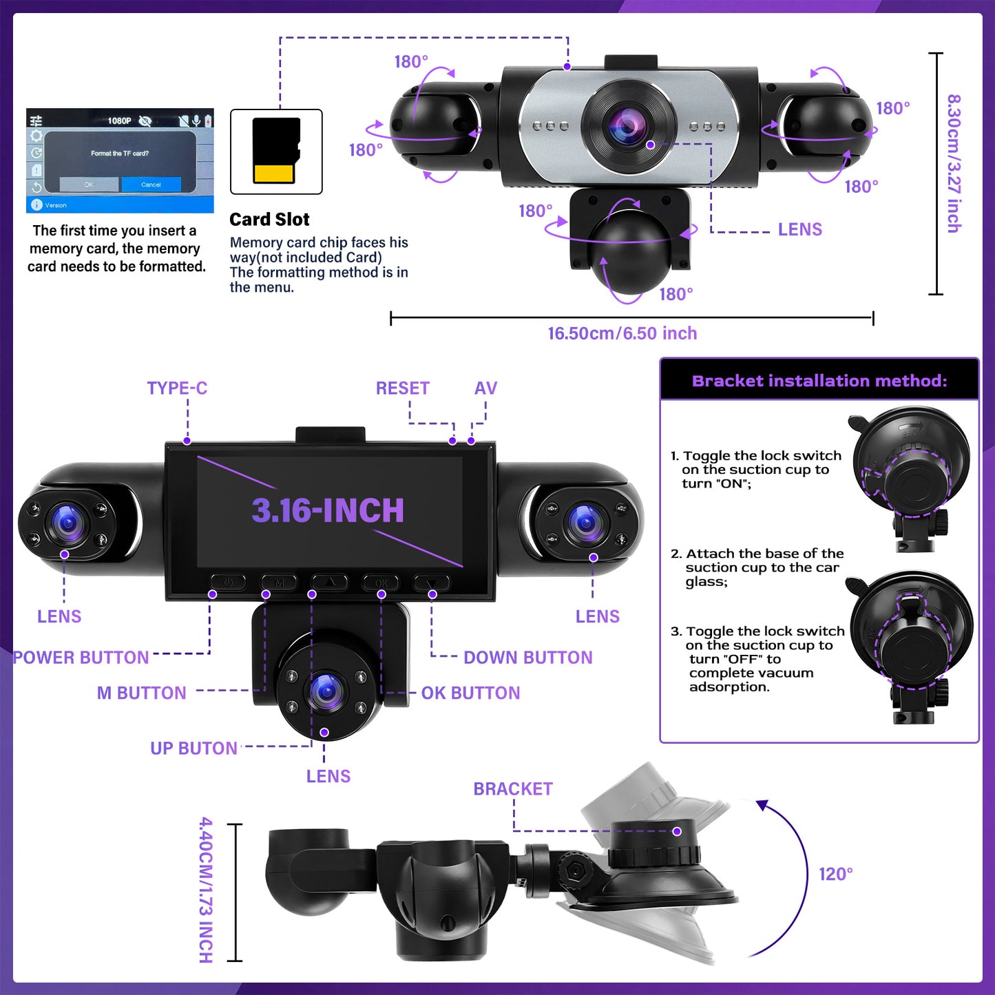 PODOFO Vehicle-Installed 5Lens/4lens High-Definition Dash Cam, Featuring 1080P Front And Front, Rear, Left, And Right, Providing 360° Comprehensive Coverage, Reverse Image Loop Recording, Car Camera/Car Additions/Monitoring System, Without Battery