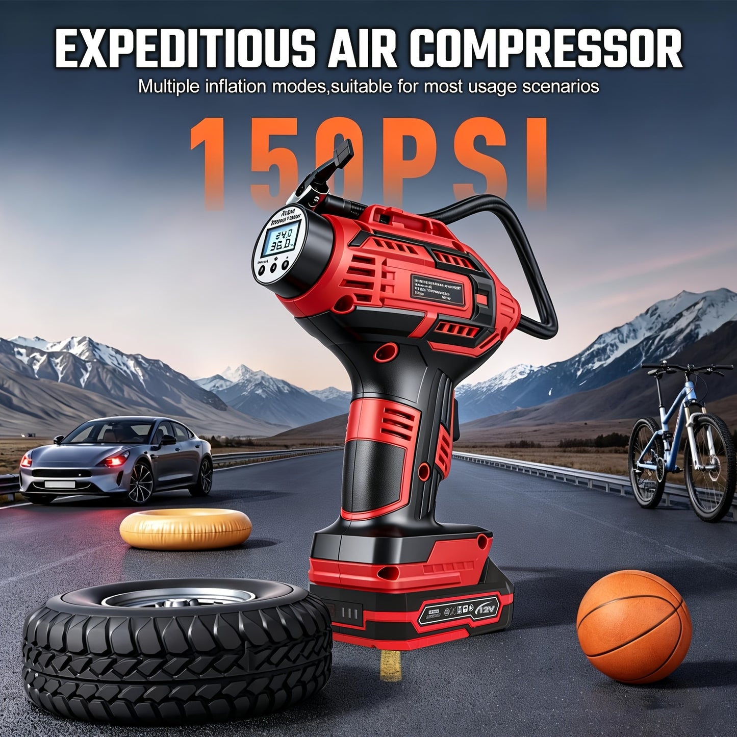 20V Portable Air Compressor, 980kPa Tire Inflator with Digital Display, Powered by NO/One/Two 1500mAh Rechargeable Battery, Includes 12V Car Adapter & Mini USB Connector, for Cars, Motorcycles, Bicycles, and Sports Balls