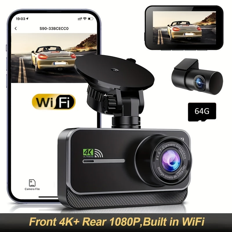 4K Dashboard Camera for Vehicles with WIFI, Video Recording Capabilities, Rear View Camera, Night Vision, And Parking Monitoring (Includes 64GB Memory Card)