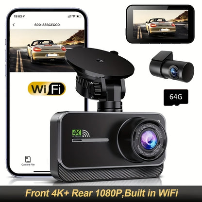 4K Dashboard Camera for Vehicles with WIFI, Video Recording Capabilities, Rear View Camera, Night Vision, And Parking Monitoring (Includes 64GB Memory Card)