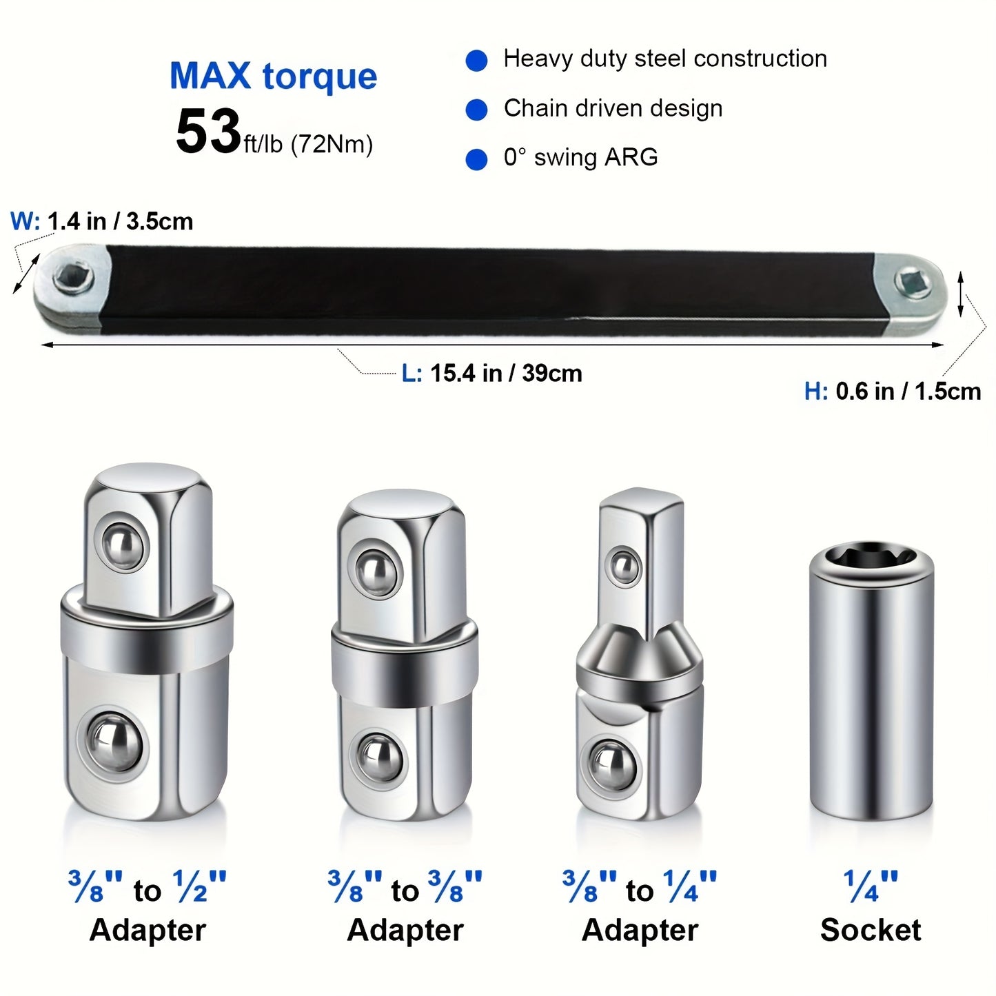 Offset Extension Wrench - 15-Inch Impact-Ready Socket Wrench Tool with Square Drive Adapters (1/4", 3/8", 1/2")