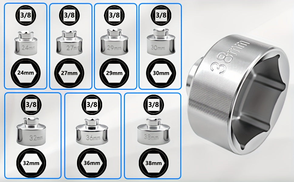 7pcs Oil Filter Element Socket Wrench Hexagonal Wrench Tool Kit Including 24Mm, 27Mm, 29Mm, 30Mm, 32Mm, 36Mm, 38Mm Socket Set, Including 24Mm, 38Mm Socket Set Almost Universal Tools, Gift