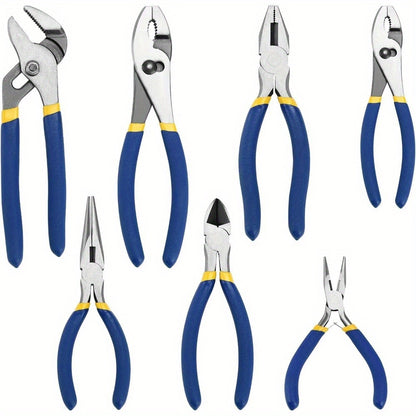 [For DIY and Home] 7pcs Pliers Set - 8 Inches Groove Joint, Sliding Joint, 7 Inches Lineman, 6 Inches Diagonal, Long Nose, Mini Long Nose, for DIY and Home