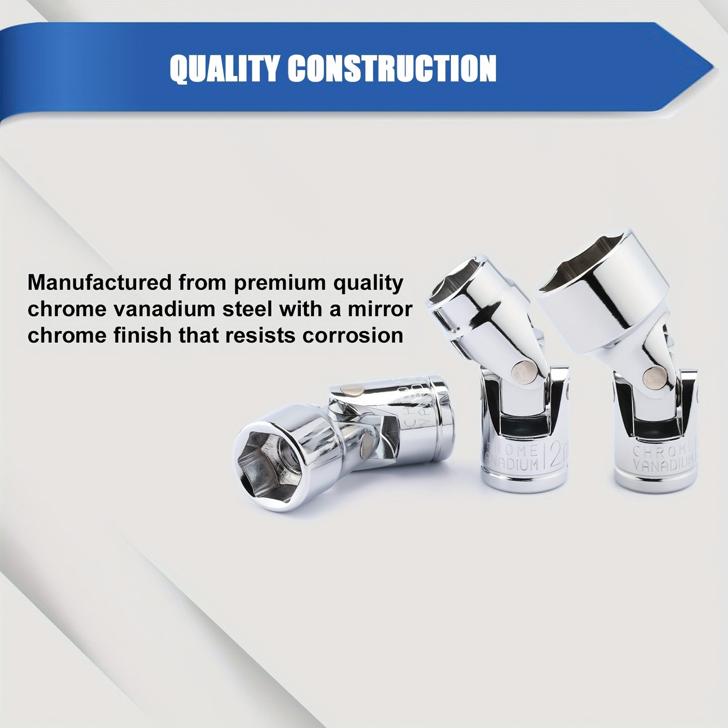 10pcs 3/8 Inch Drive Universal Joint Socket Set, 6 Point, Metric, 10mm, 11mm, 12mm, 13mm, 14mm, 15mm, 16mm, 17mm, 18mm, 19mm, Swivel Socket with Flexible Wobble, CR-V, 3/8"Drive Universal Flex Socket Set, Mirror Chrome Finish
