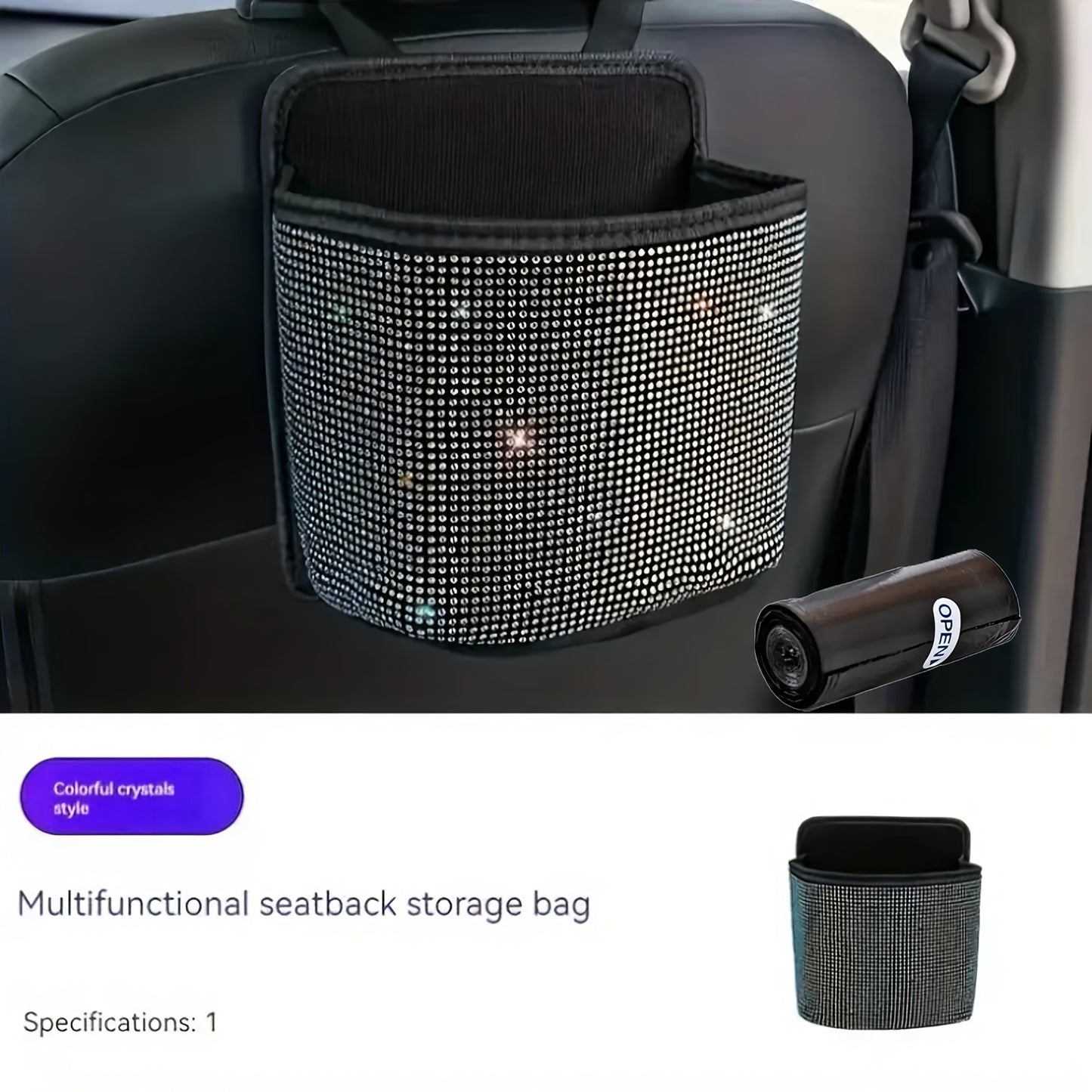 2pcs/set Sparkling Bling Rhinestones Car Trash Can+1pc Trash Bag- Durable & Convenient Hanging Storage Bag For Seat Back - Multifunctional, Space-Saving Car Interior Accessory, Premium Quality