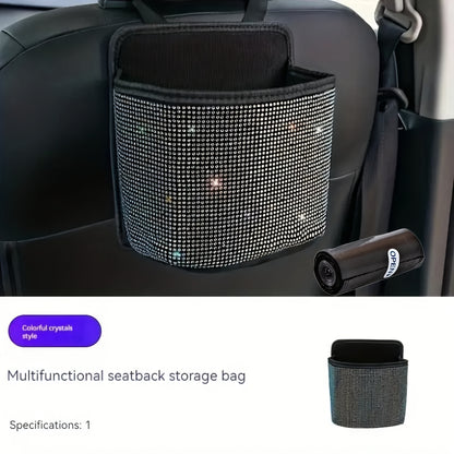 2pcs/set Sparkling Bling Rhinestones Car Trash Can+1pc Trash Bag- Durable & Convenient Hanging Storage Bag For Seat Back - Multifunctional, Space-Saving Car Interior Accessory, Premium Quality